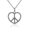 Sterling Silver Marcasite Peace-Sign Open Heart Pendant, 18"