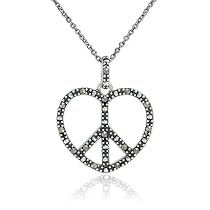 Sterling Silver Marcasite Peace Sign Open Heart Pendant, 18"