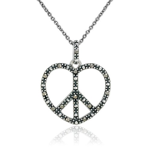 Sterling Silver Marcasite Peace-Sign Open Heart Pendant, 18″