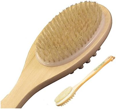 Bath Brush ,Exfoliating brush with Long Wooden Handle, Natural Bristles, Dual Head for Dry Skin Brush, Cellulite Massage, Detox, Exfoliating, Back Scrub and Shower.