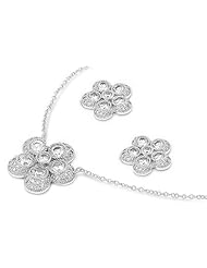 Sterling Silver Nature Flower Design Plumeria Pendant Necklace and Earrings Jewelry Set with Clear CZ