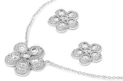 Sterling Silver & CZ Five Petal Flower Plumeria Earring & Necklace Set