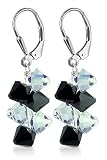 Black & Clear Swarovski Crystal Sterling Silver Leverback Dangle Earrings
