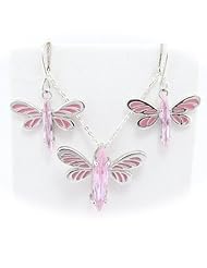 Sterling Silver Pink CZ Dragonfly Pendant Earrings Flat Cable Chain 18 inch