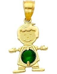 14K Yellow Gold May CZ Birthstone Boy Charm Pendant for Baby and Children (Emerald, Green)