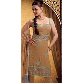 Buy Attract All Attentions Light Brown Embroidered Faux Crepe Indian Ethnic Churidar Kameez... by Utsav