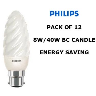 Philips Energy Saver 8W B22 SoftoneTwisted Candle Light Bulbs (12 Pack)