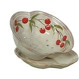 Saparna Hand Painted Ceramic Earthenware 8-Inch Berry Bowl with Dish, Embossed Cherries by... by Saparna