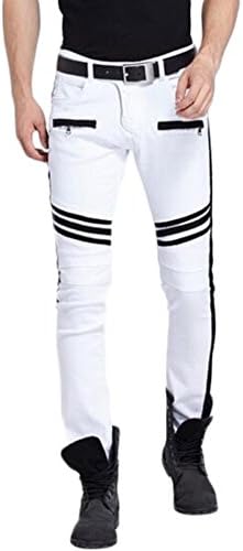 DKuihK Men's Slim Fit White Distressed Straight Washed Denim Pants Skinny Jeans