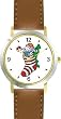 Christmas Stocking Stuffed with Bunny and Candy Cane Christmas Theme - WATCHBUDDY&reg; DELUXE TWO-TONE THEME WATCH - Arabic Numbers - Brown Leather Strap-Size-Large ( Men's Size or Jumbo Women's Size )