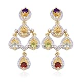 18k Gold Plated Sterling Silver Genuine Multi-Gemstone and Diamond Accent Chandelier Earrings
