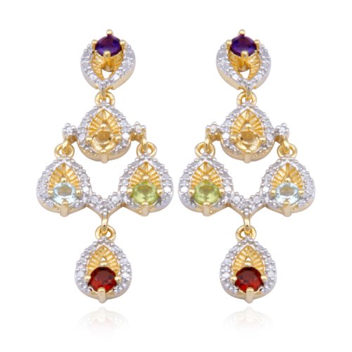 18k Gold Plated Sterling Silver Genuine Multi-Gemstone and Diamond Accent Chandelier Earrings