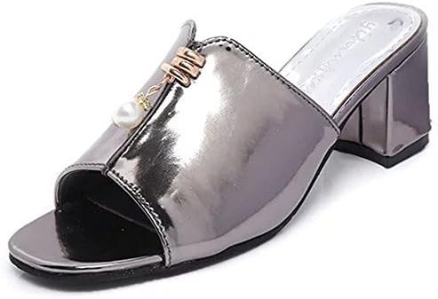 XRU Womens white pearl heels slingback chunky open toe casual ankle strap PU slippers Silver