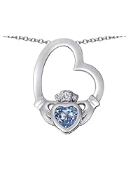 Celtic Love By Kelly (tm) Floating Heart Irish Claddagh Pendant with Heart Shape Simulated Aquamarine in 925 Sterling Silver