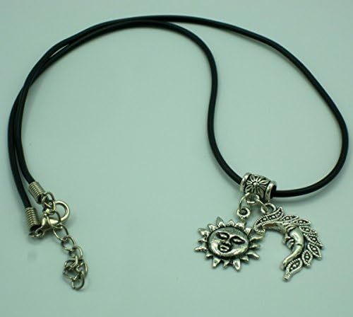 AmazingOS® Silver Tone Sun and Moon Necklace Lunar Sun Face Leather Choker Handmade Punk
