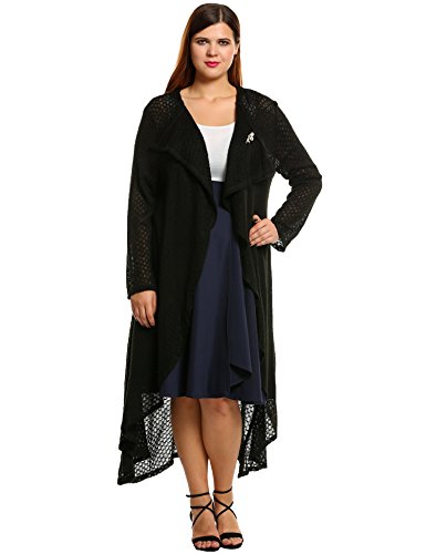 Meaneor Plus Size Series Women's Casual Turn Down Collar Loose Long Cardigan Top Knited Sweater Outwear (XL, Balck)