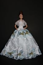 White Barbie Ball Gown with Blue and Green Flowers