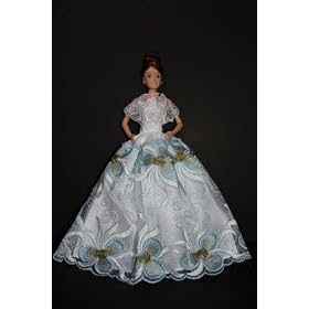 White Ball Gown with Blue and Green Flowers Made to Fit the Barbie Doll