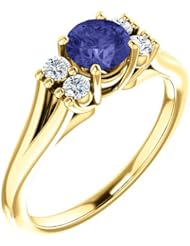 18K Yellow Gold 5.00mm Round Cut Tanzanite and Diamond Ring -- LIFETIME WARRANTY
