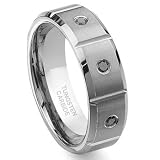 Tungsten Carbide Black Diamond Wedding Band Ring w/ Grooves 8mm