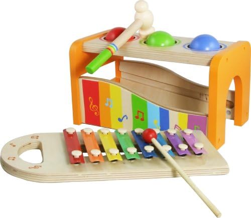 2-in-1 Pounding Bench & Xylophone Playset w/ 8 Tone Xylophone, 3 Balls, 2 Mallets, Hammer