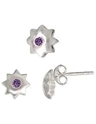 Sterling Silver Matte-finish Star Stud Earrings (7mm) & Pendant Slide (8mm) Set, w/ Brilliant Cut Amethyst-colored CZ Stones