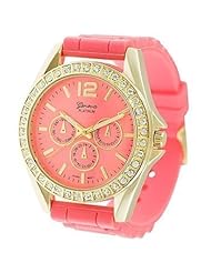 Geneva Platinum 678466 Womens Decorative Chronograph Rhinestone-accented Silicone Watch-CORAL/GLD