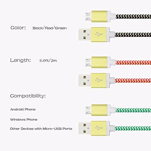 oneBuyone 6.6ft/2m Bundle of 3 Rapid Sturdy Fabric Nylon Braided Micro USB Charging Cord Data Sync Cable with Aluminum Connector Heads for Samsung Galaxy Note, Samsung Galaxy S3/S4, Google Nexus 7, Google Nexus 10, Google Nexus 4 (Red/Green/Black)