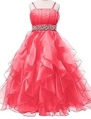 Girls Floor Length Lace-Up  Belted  Flower-Girl Dress/Pageant Dress  With Rhinestones and a Sash  and Ruffles