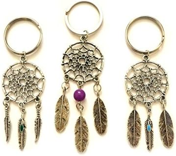 3 pcs Silver Stone Pendant Feather Dream Catcher Charm Pendant Key Chain Ring Gift