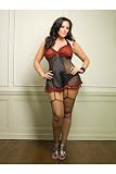 Sexy Mesh Leopard Print Garter Chemise Mini Dress With Satin Panel And Matching G-String Lingerie Set Leg Avenue Plus Size, Black/Red