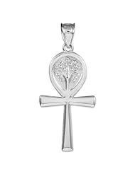 10K White Gold Egyptian Ankh Cross Tree of Life Pendant