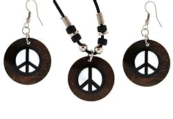 Peace Sign Earrings Necklace Set- Round Coconut 1 Inch Diameter