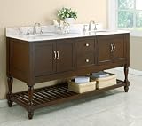 70 Inch Mission Turn Leg Double Sink Vanity Cabinet Console and White Marble Countertop