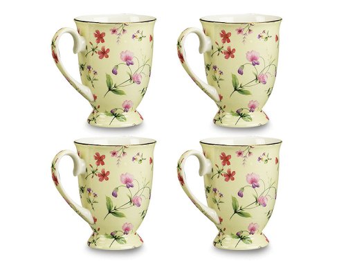 Gracie Bone China Sweet Pea 9-Ounce Footed Mug, Yellow, Set of 4