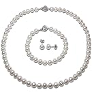 White Cultured Pearl Strand Platinum Overlay Sterling Silver Set