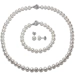 White 7-8mm AAA Cultured Pearl Strand Princess Necklace 18", Bracelet (LS1R2) & AAAA Earrings (LS1B) Platinum Overlay CAREFREE Sterling Silver Set