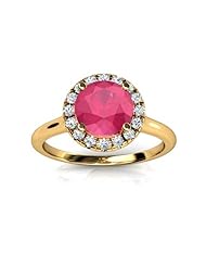 14KT Yellow Gold Beautiful Halo Style Setting with a 6.5mm Round Cut Created Red Ruby in the Center. 1/10 CTW