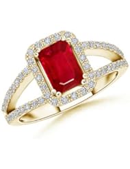 Split Shank Round Diamond Emerald Cut Ruby Ring- 1.3 ct TGW