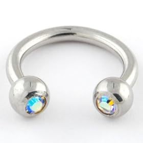 One Stainless Steel Circular Barbell: 14g 3/8", Gem Balls: 4mm, Aurora Borealis Gems