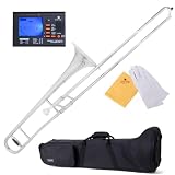 Mendini MTB-22N Nickel Plated B Flat Trombone + Case, Chromatic Tuner w/ Metronome, Cleaning Cloth, & a Pair of Gloves
