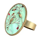 Retro Blue Glazed Tree Flower Bird Pattern Adjustable Ring Vintage