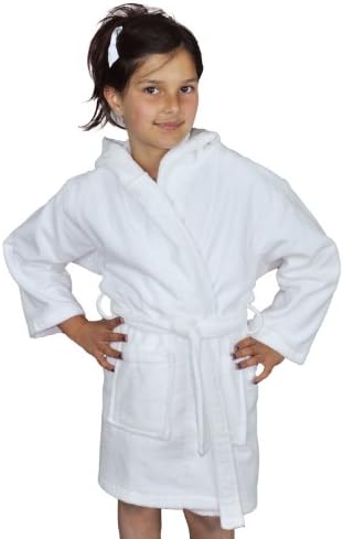Soft Touch Linen Girls and Boys Kids Hooded Terry Velour Turkish Robe Bathrobe 100% Cotton, White, Small / Medium, Age: 3-6.