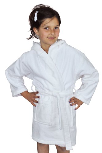 Soft Touch Linen Girls and Boys Kids Hooded Terry Velour Turkish Robe Bathrobe 100% Cotton, White, Small / Medium, Age: 3-6.