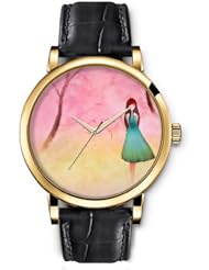 SPRAWL Aanalog Fashion Series Gold Ladies Watches of Genuine Black Leather Strap,Unique Wrist Watch for Women Girls Designed with Girl in the forest of blue roses trees