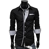 TheLees Mens Casual Long Sleeve Stripe Patched Fitted Dress Shirts Black 2XL XX-Large(US Large)