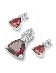 Sterling Silver Garnet and Clear CZ Triangle Pendant with Earrings Jewelry Set