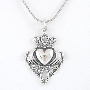 Detailed Celtic Claddagh Pendant with Heart and Crown in Sterling Silver on an 18" Rhodium and Sterling Snake Chain, #8254