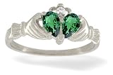 14K White Gold Pear Created Emerald and Diamond Celtic Claddagh Ring