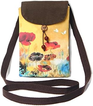 CreativeStorage Small Chinese Vintage Style Handmade Canvas Imprinting Red Poppy Flower Cross Body Purse Bag